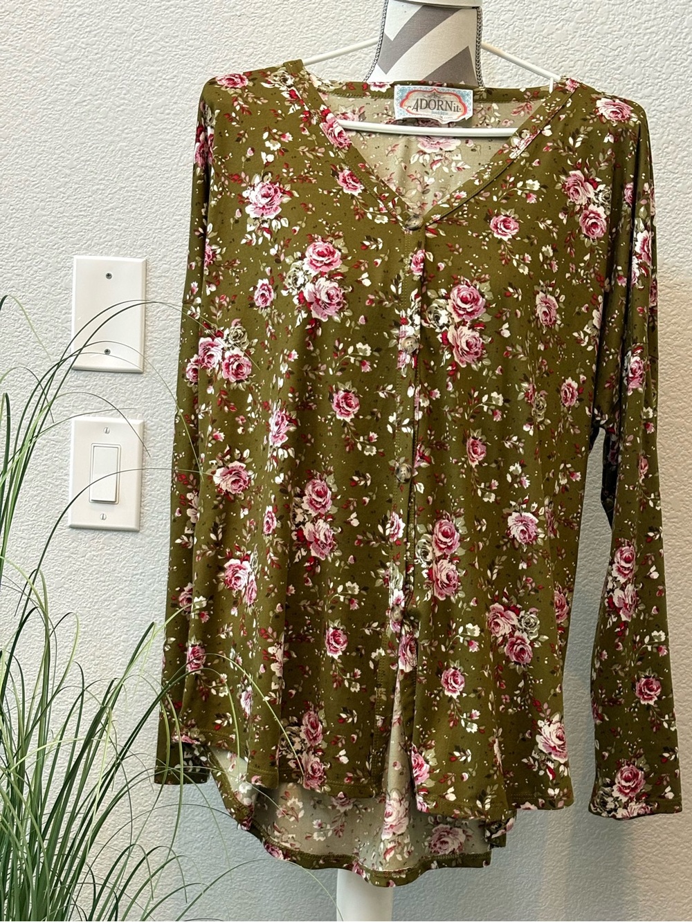 Knit Long-Sleeve Olive Floral Button-Front Top